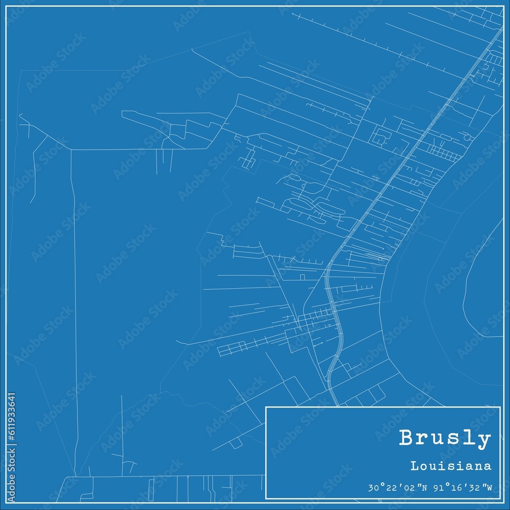 Blueprint US city map of Brusly, Louisiana.