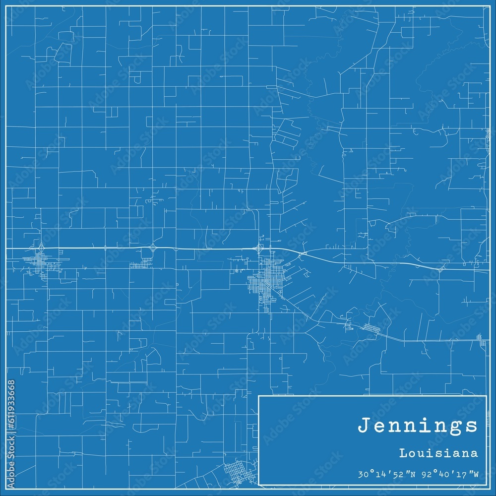 Blueprint US city map of Jennings, Louisiana.