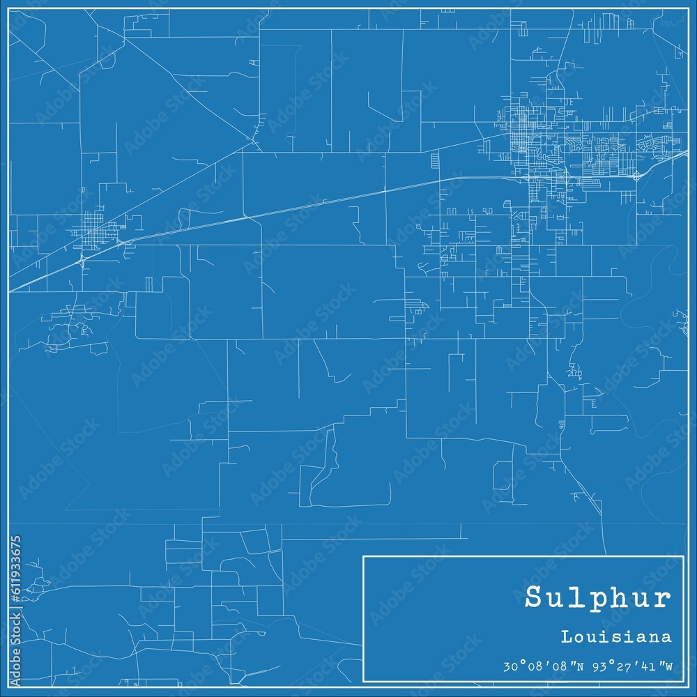 Blueprint US city map of Sulphur, Louisiana.