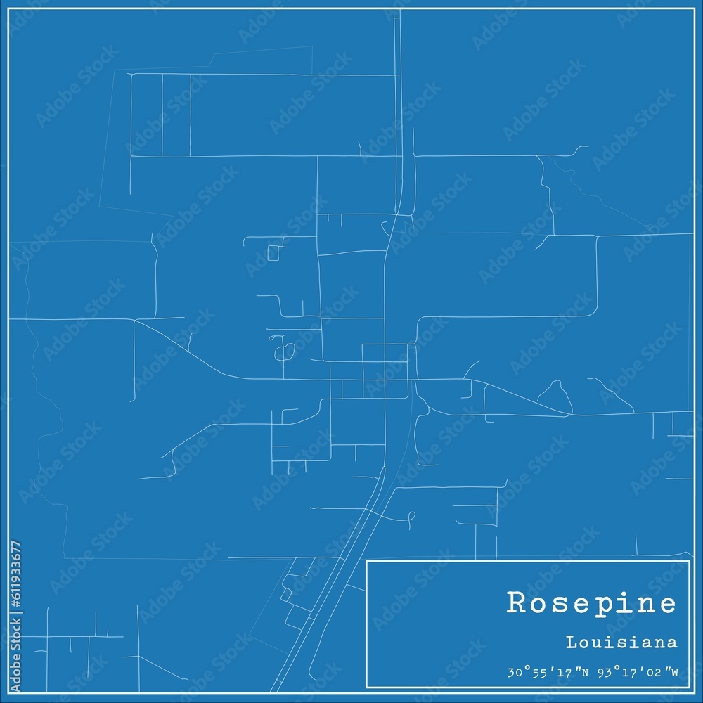 Blueprint US city map of Rosepine, Louisiana.