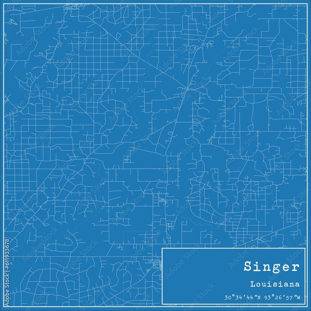 Blueprint US city map of Singer, Louisiana.