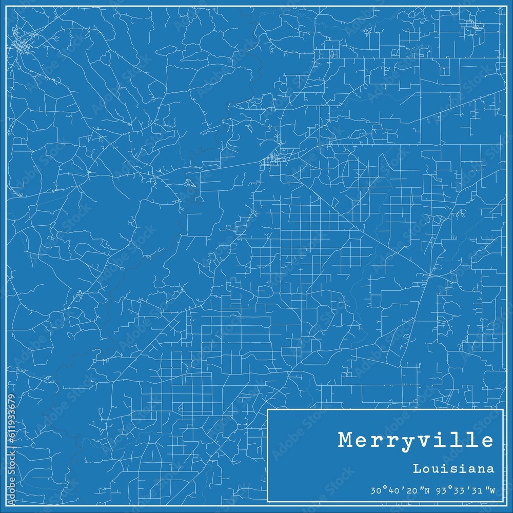 Blueprint US city map of Merryville, Louisiana.