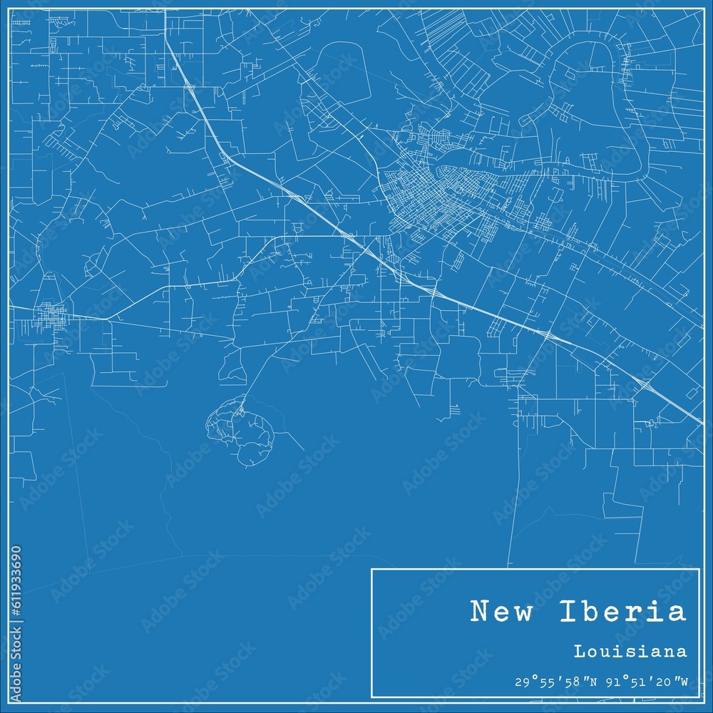 Blueprint US city map of New Iberia, Louisiana.