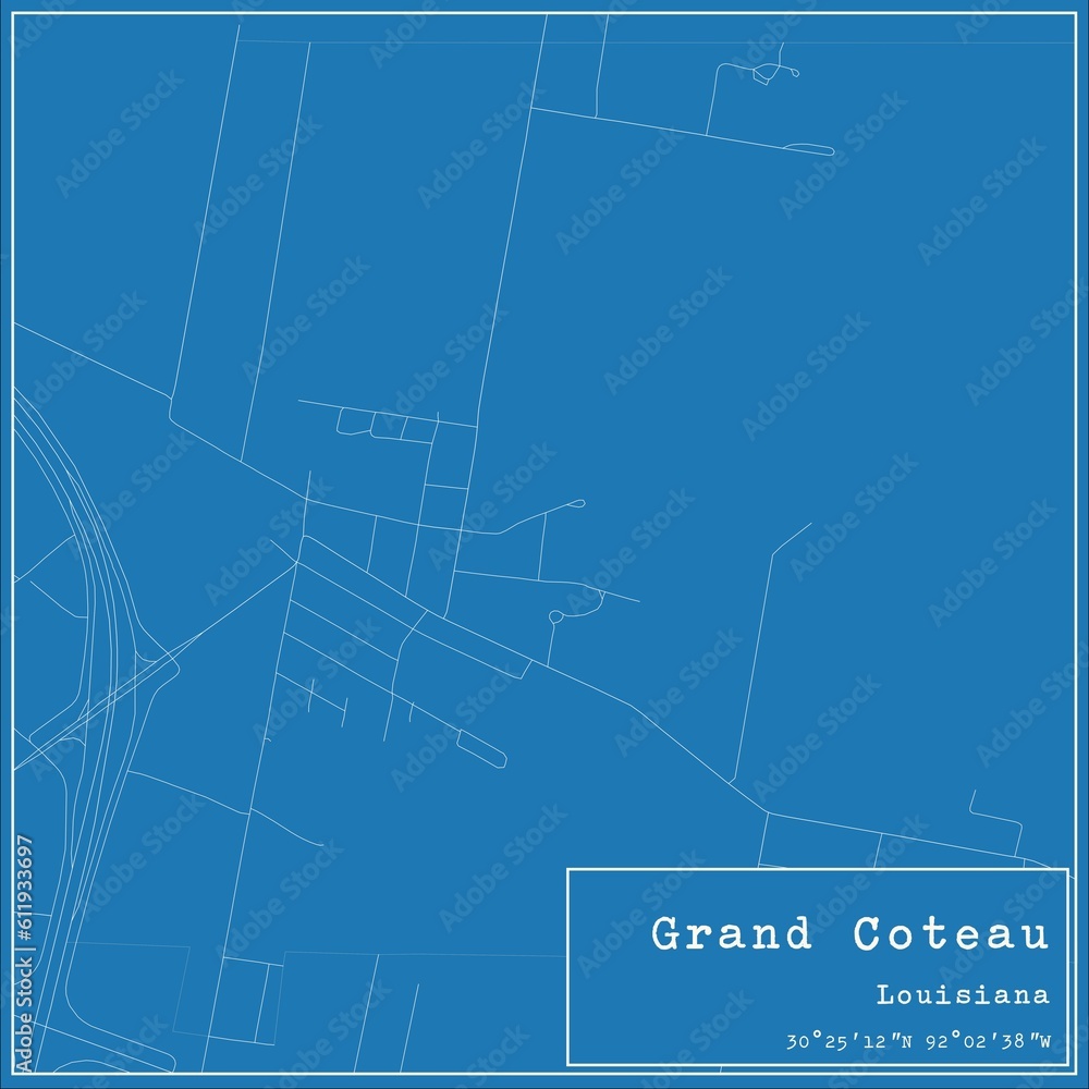 Blueprint US city map of Grand Coteau, Louisiana.