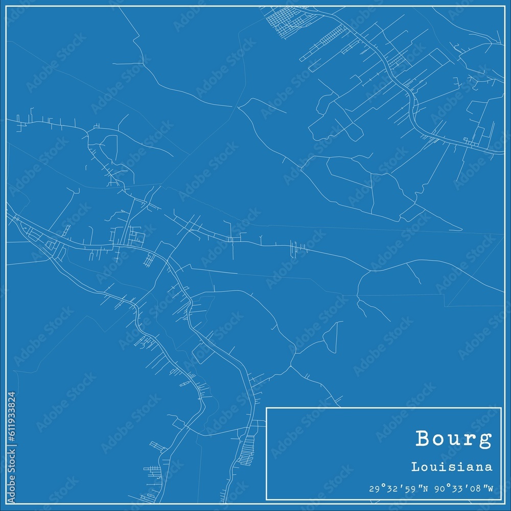 Blueprint US city map of Bourg, Louisiana.