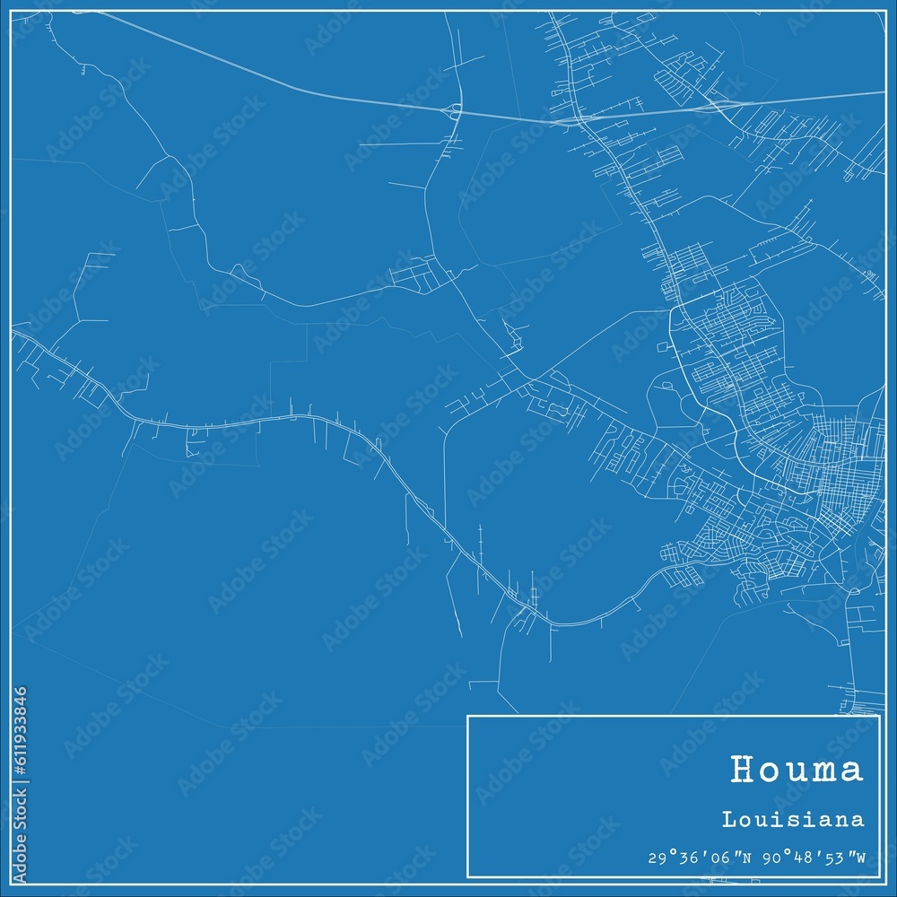 Blueprint US city map of Houma, Louisiana.