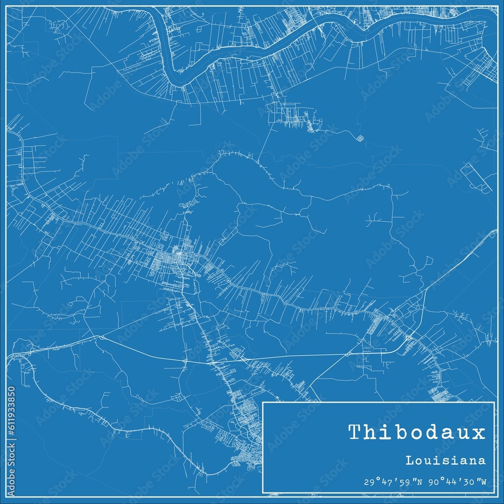 Blueprint US city map of Thibodaux, Louisiana.
