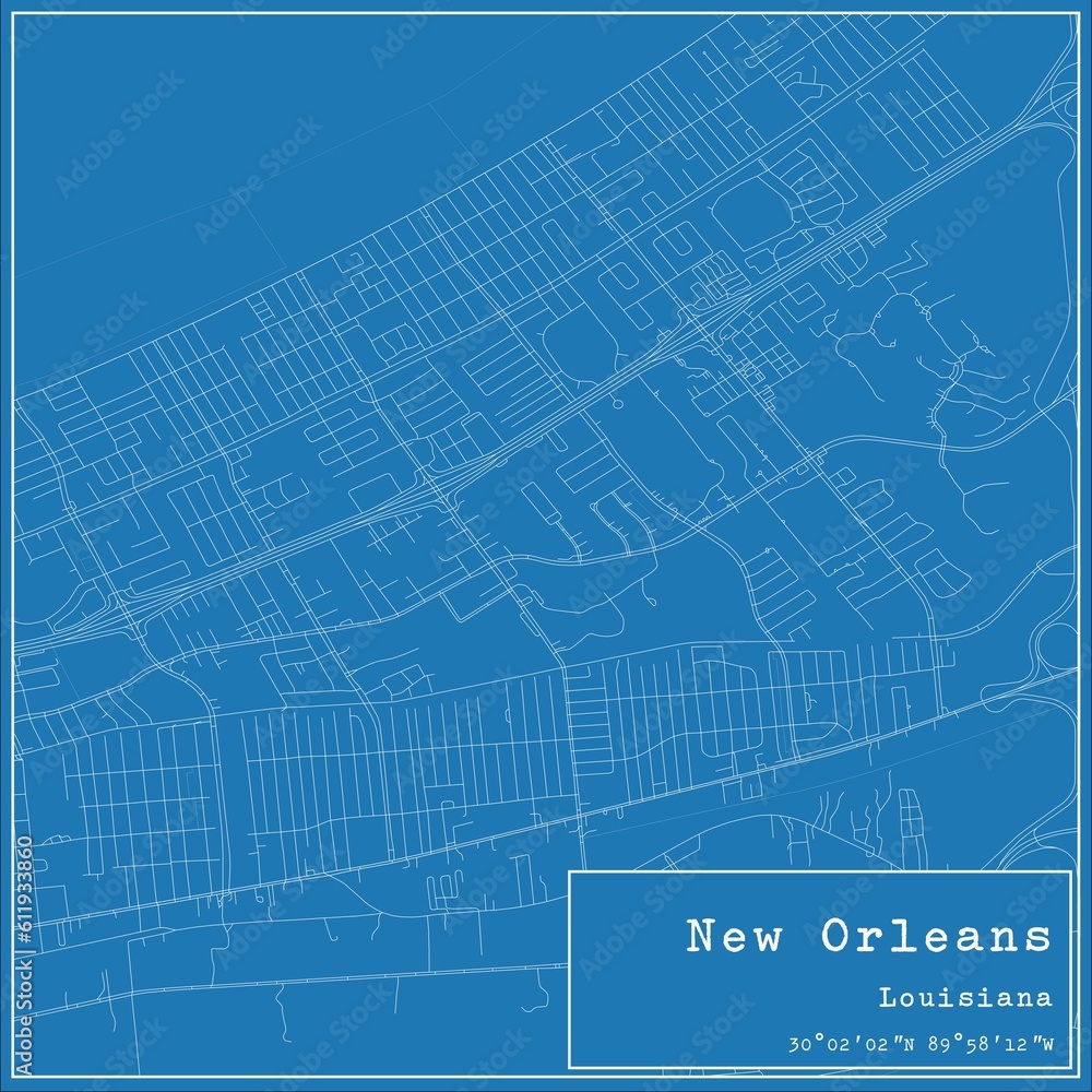 Blueprint US city map of New Orleans, Louisiana.