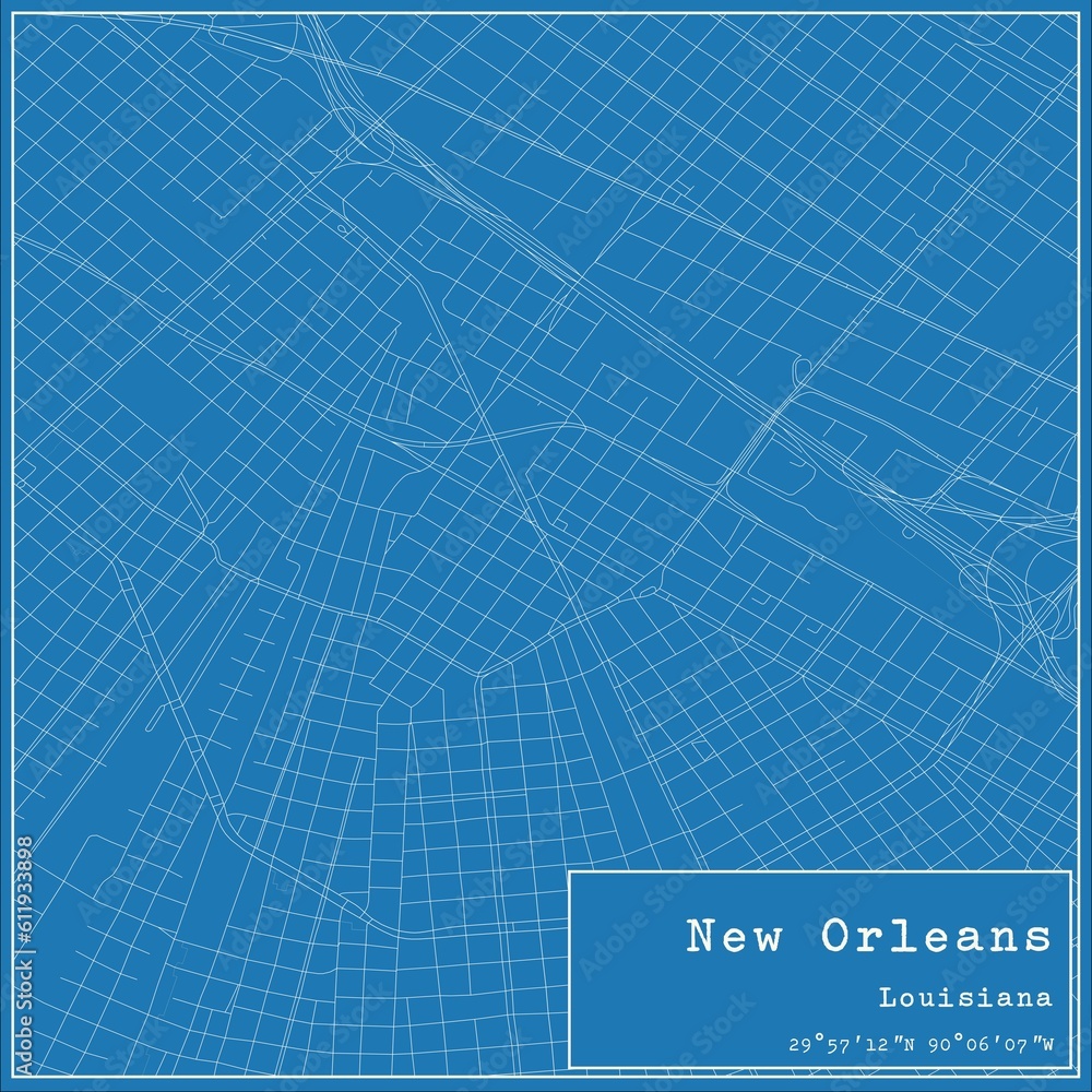 Blueprint US city map of New Orleans, Louisiana.