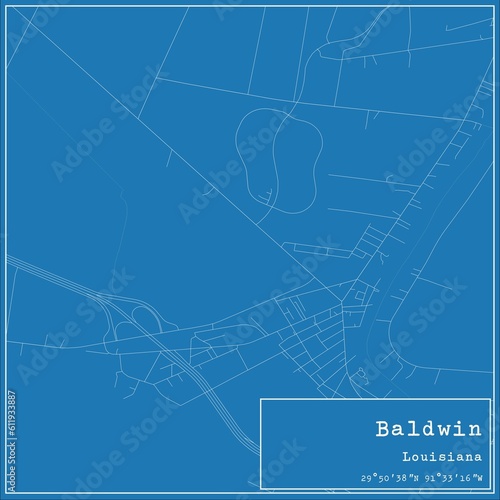Blueprint US city map of Baldwin, Louisiana.