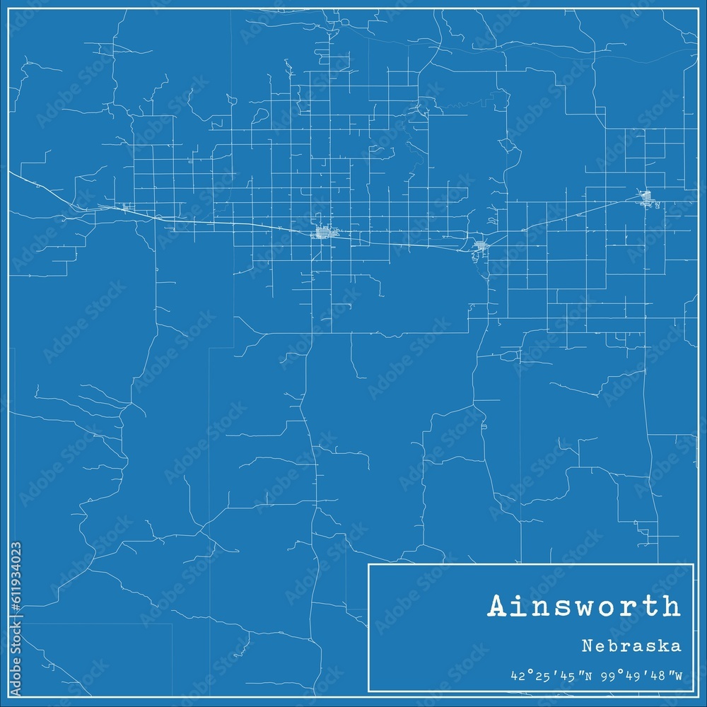 Blueprint US city map of Ainsworth, Nebraska.