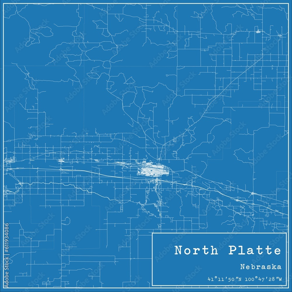 Blueprint US city map of North Platte, Nebraska.