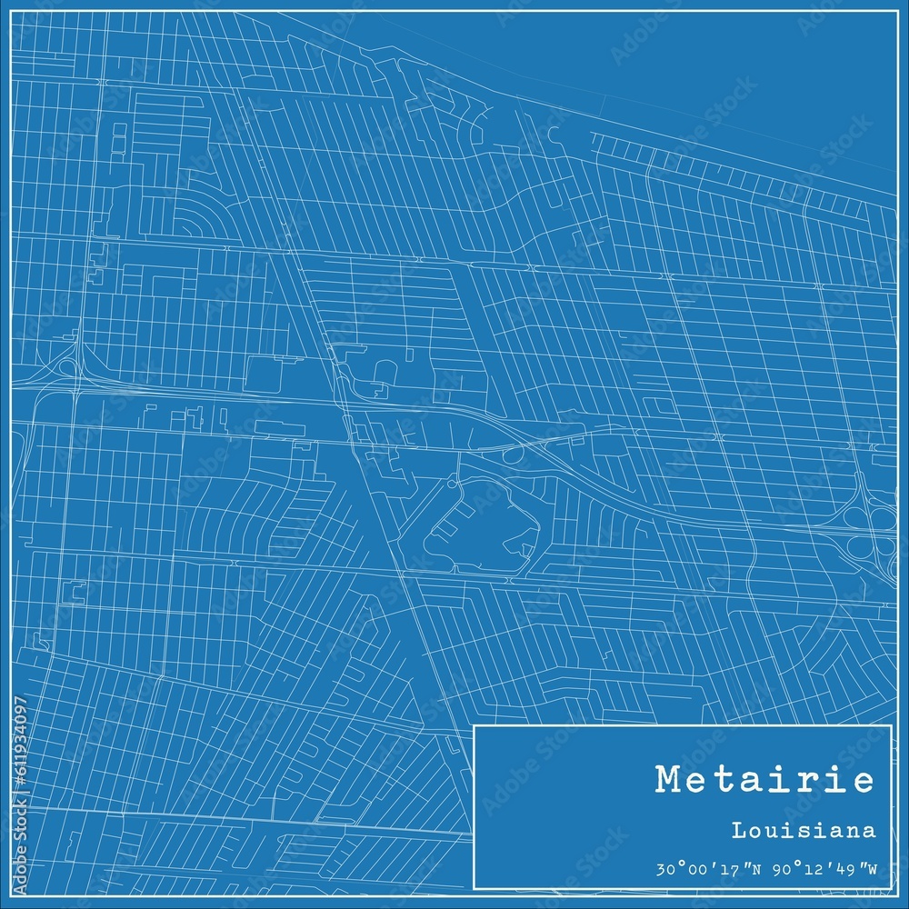 Blueprint US city map of Metairie, Louisiana.