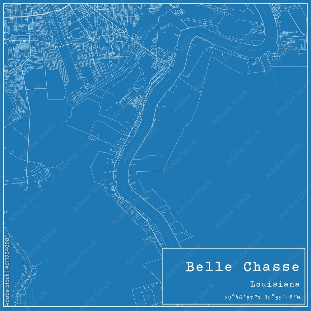 Blueprint US city map of Belle Chasse, Louisiana.