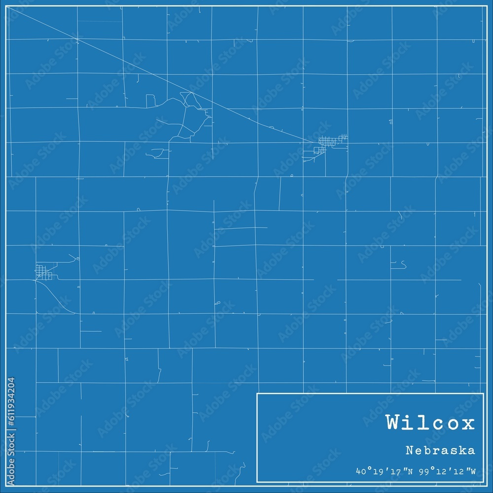 Blueprint US city map of Wilcox, Nebraska.