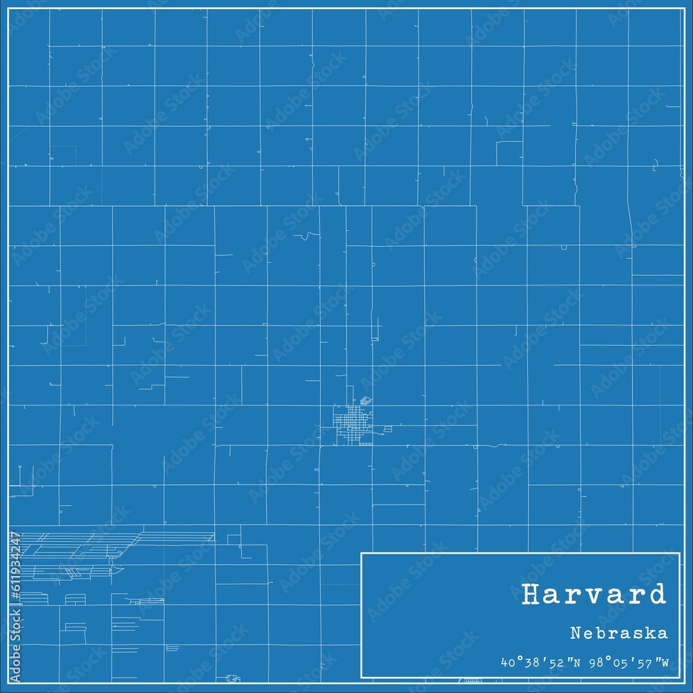 Blueprint US city map of Harvard, Nebraska.