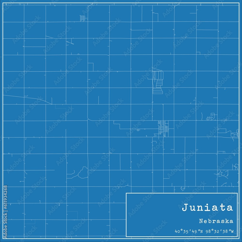 Blueprint US city map of Juniata, Nebraska.