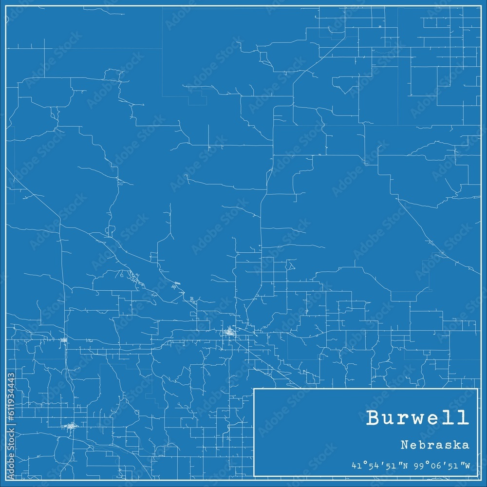 Blueprint US city map of Burwell, Nebraska.
