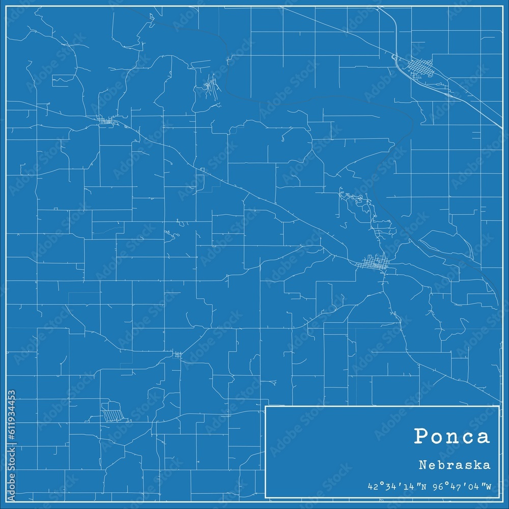 Blueprint US city map of Ponca, Nebraska.