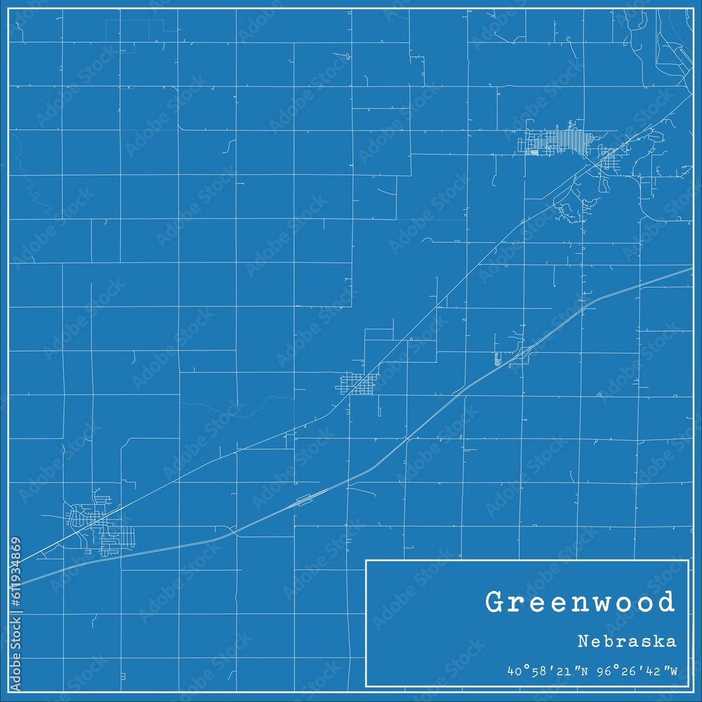 Blueprint US city map of Greenwood, Nebraska.