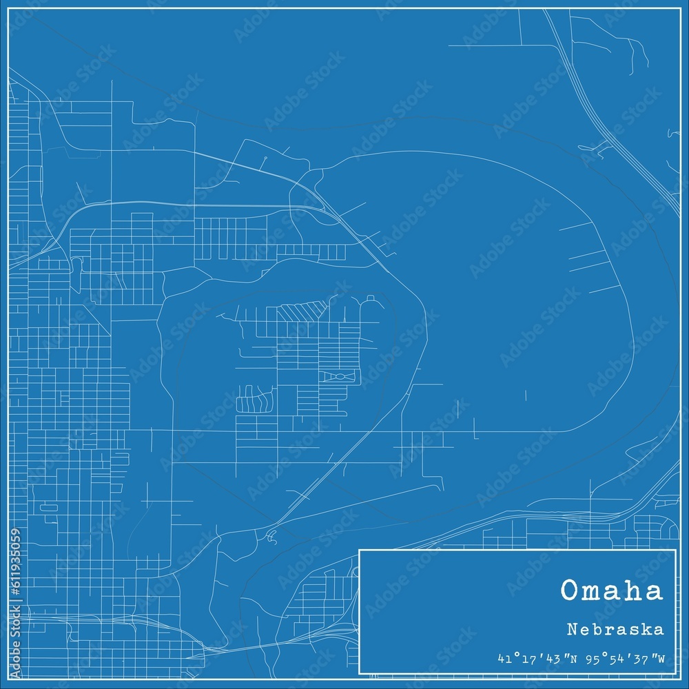 Blueprint US city map of Omaha, Nebraska.