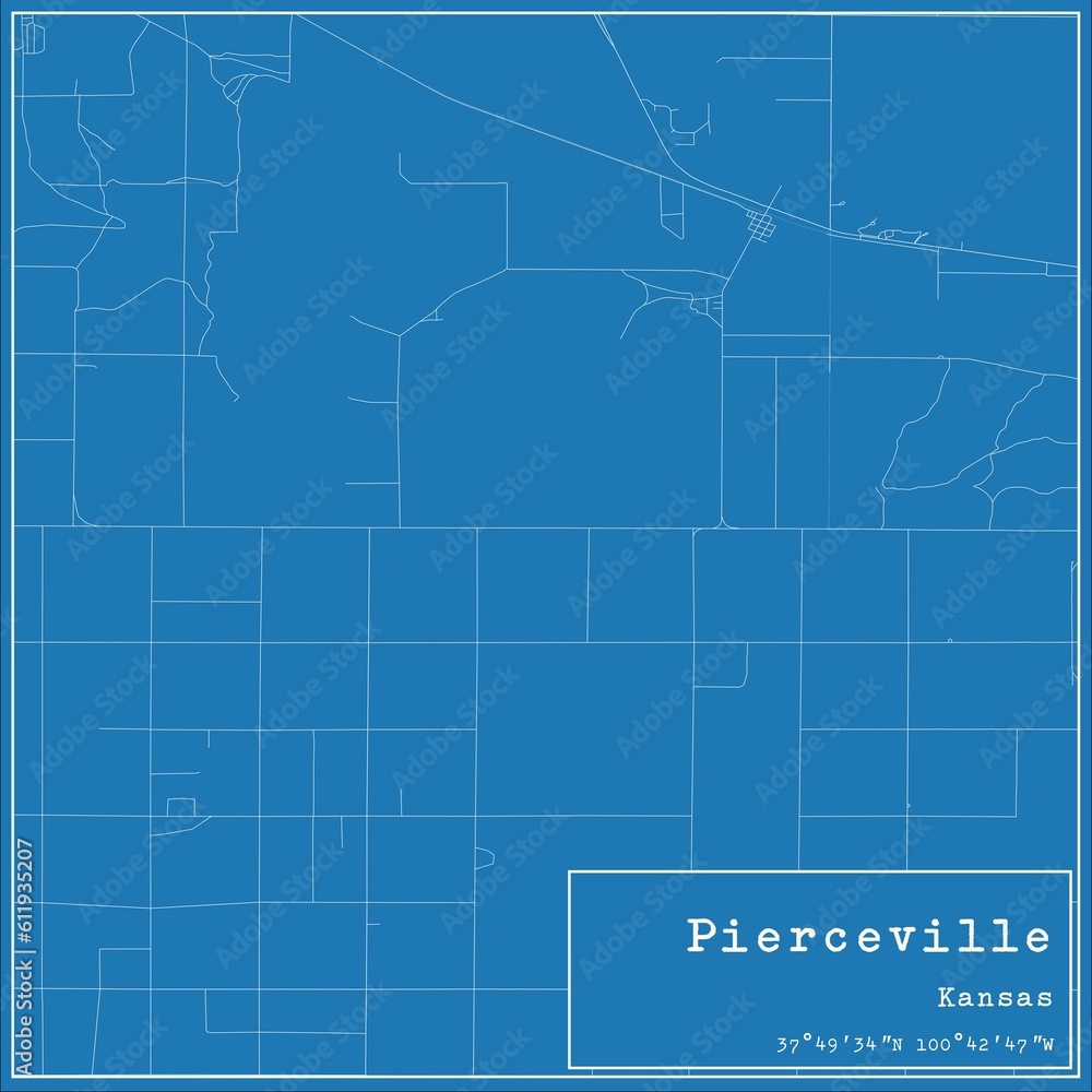Blueprint US city map of Pierceville, Kansas.