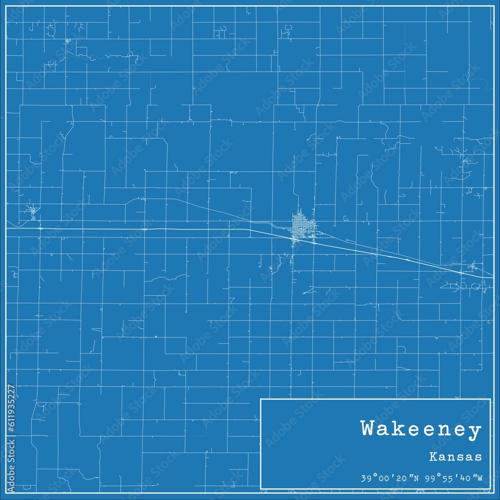Blueprint US city map of Wakeeney, Kansas.