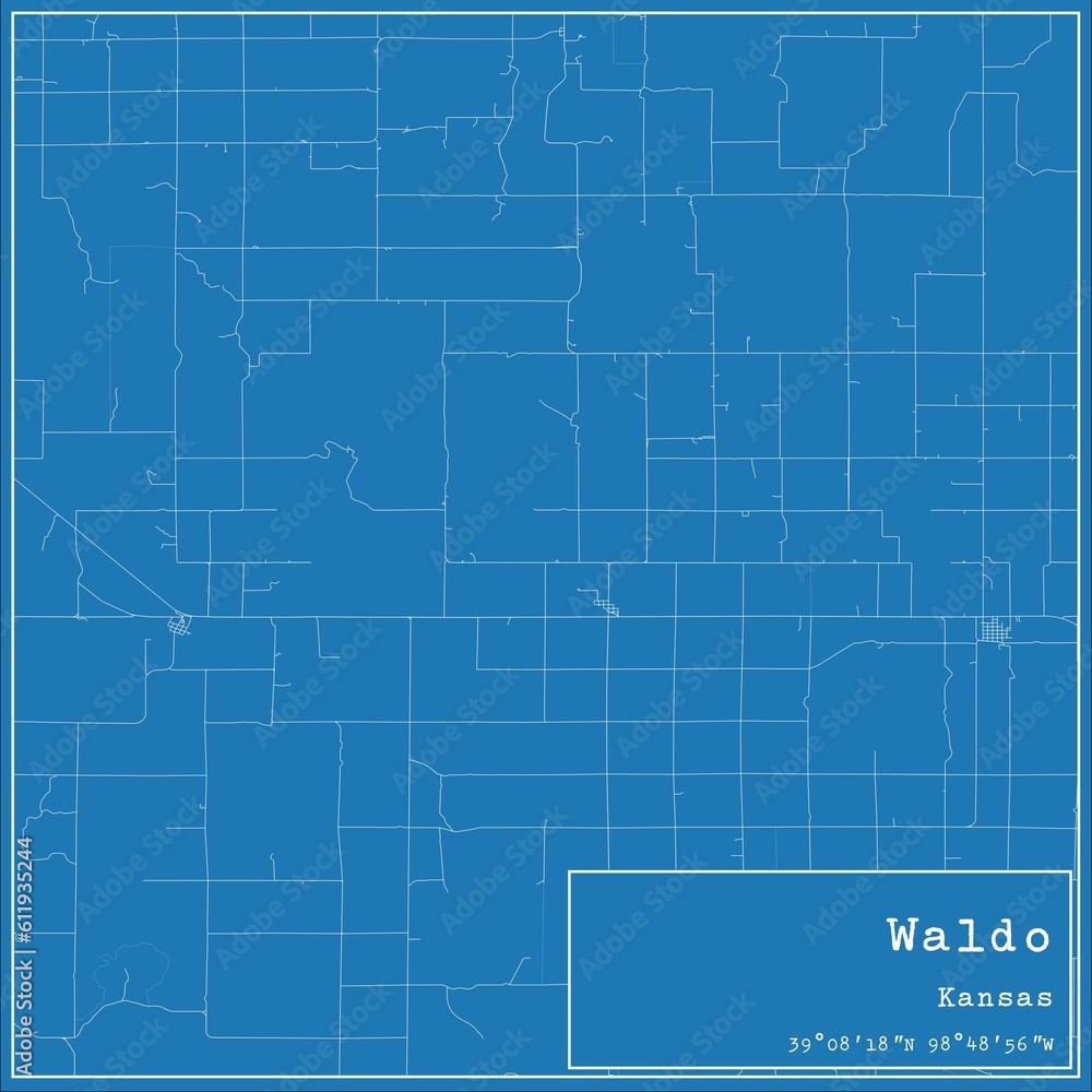 Blueprint US city map of Waldo, Kansas.