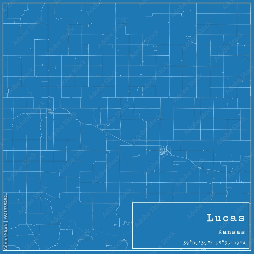 Blueprint US city map of Lucas, Kansas.