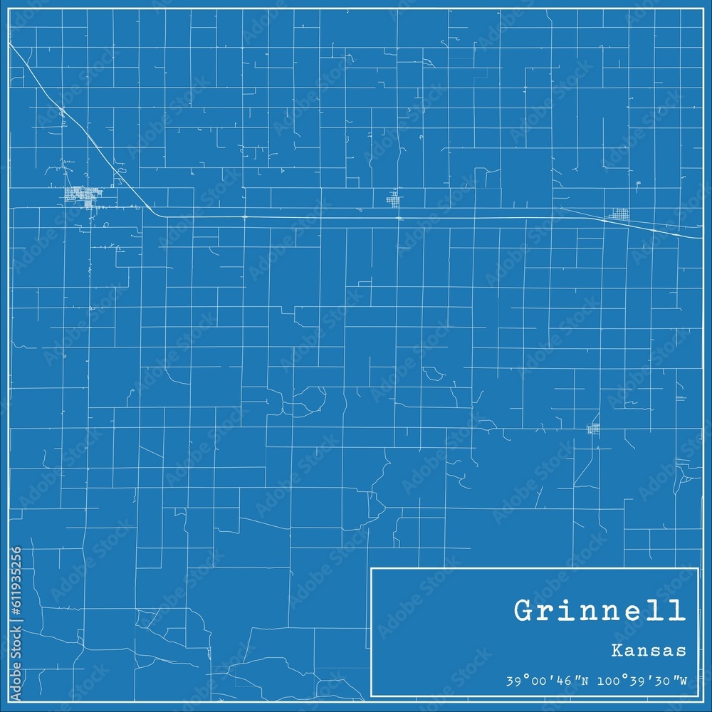 Blueprint US city map of Grinnell, Kansas.