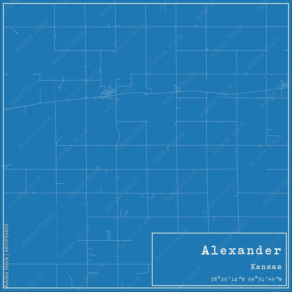 Blueprint US city map of Alexander, Kansas.