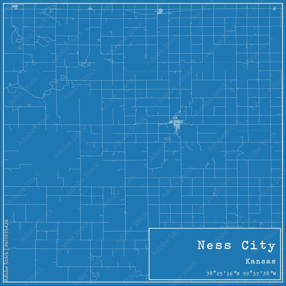 Blueprint US city map of Ness City, Kansas.