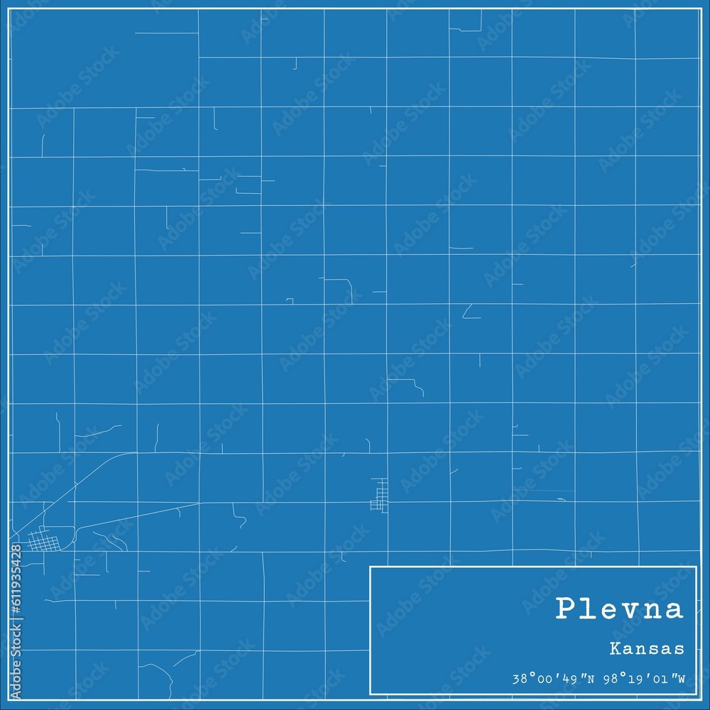 Blueprint US city map of Plevna, Kansas.