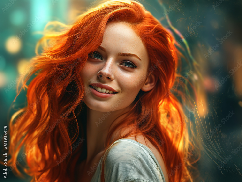 Fototapeta premium Portrait of a very cute smiling red-haired young woman. Generative AI
