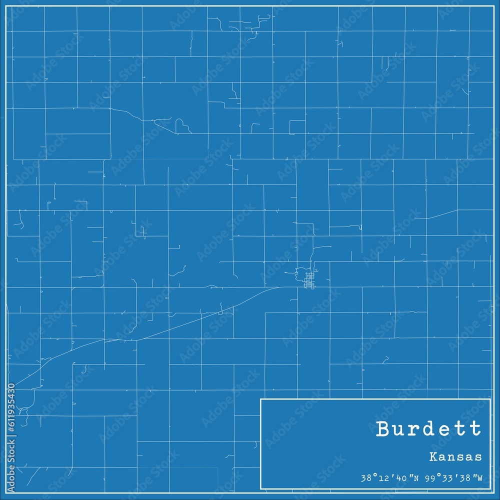 Blueprint US city map of Burdett, Kansas.