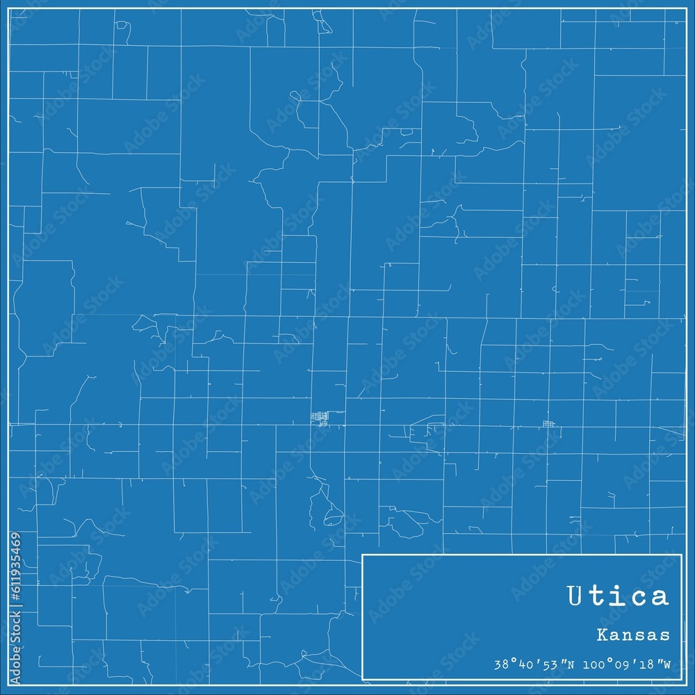Blueprint US city map of Utica, Kansas.