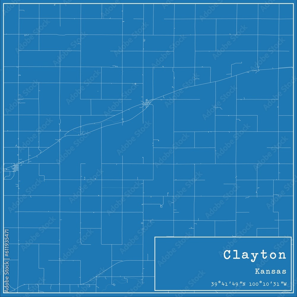 Blueprint US city map of Clayton, Kansas.