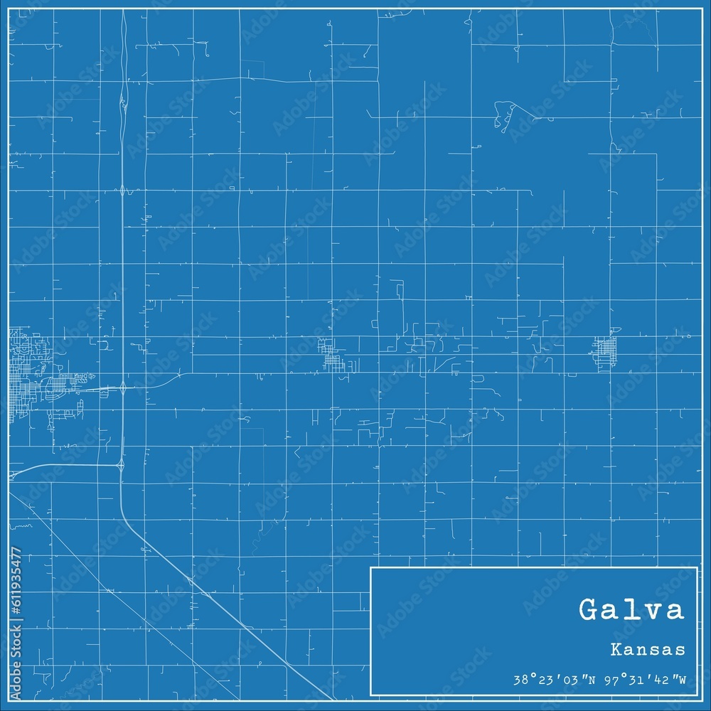 Blueprint US city map of Galva, Kansas.