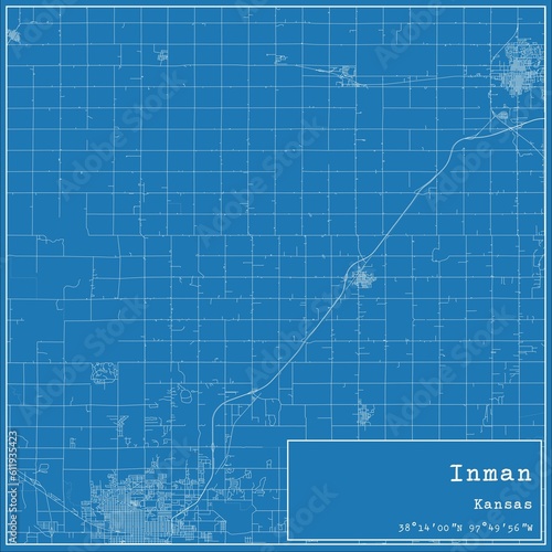 Blueprint US city map of Inman, Kansas.