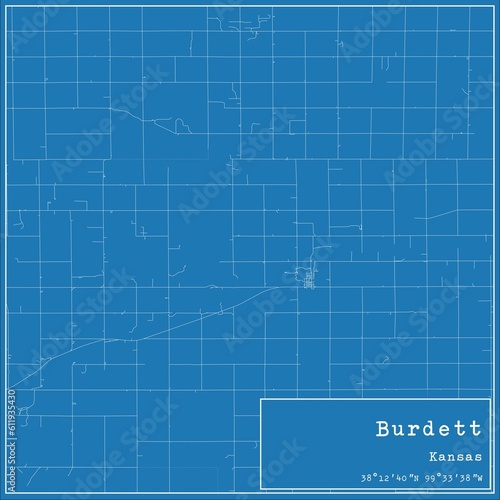 Blueprint US city map of Burdett  Kansas.