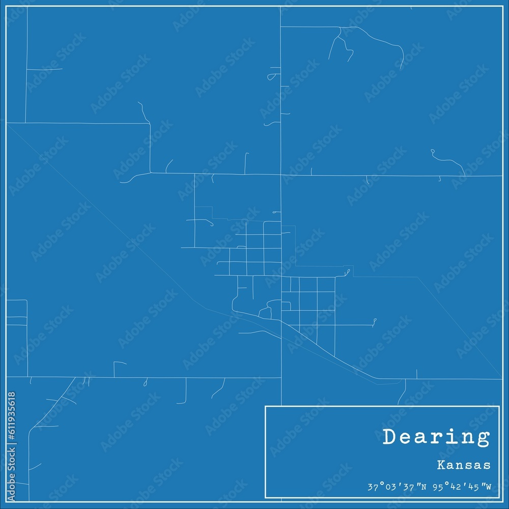 Blueprint US city map of Dearing, Kansas.