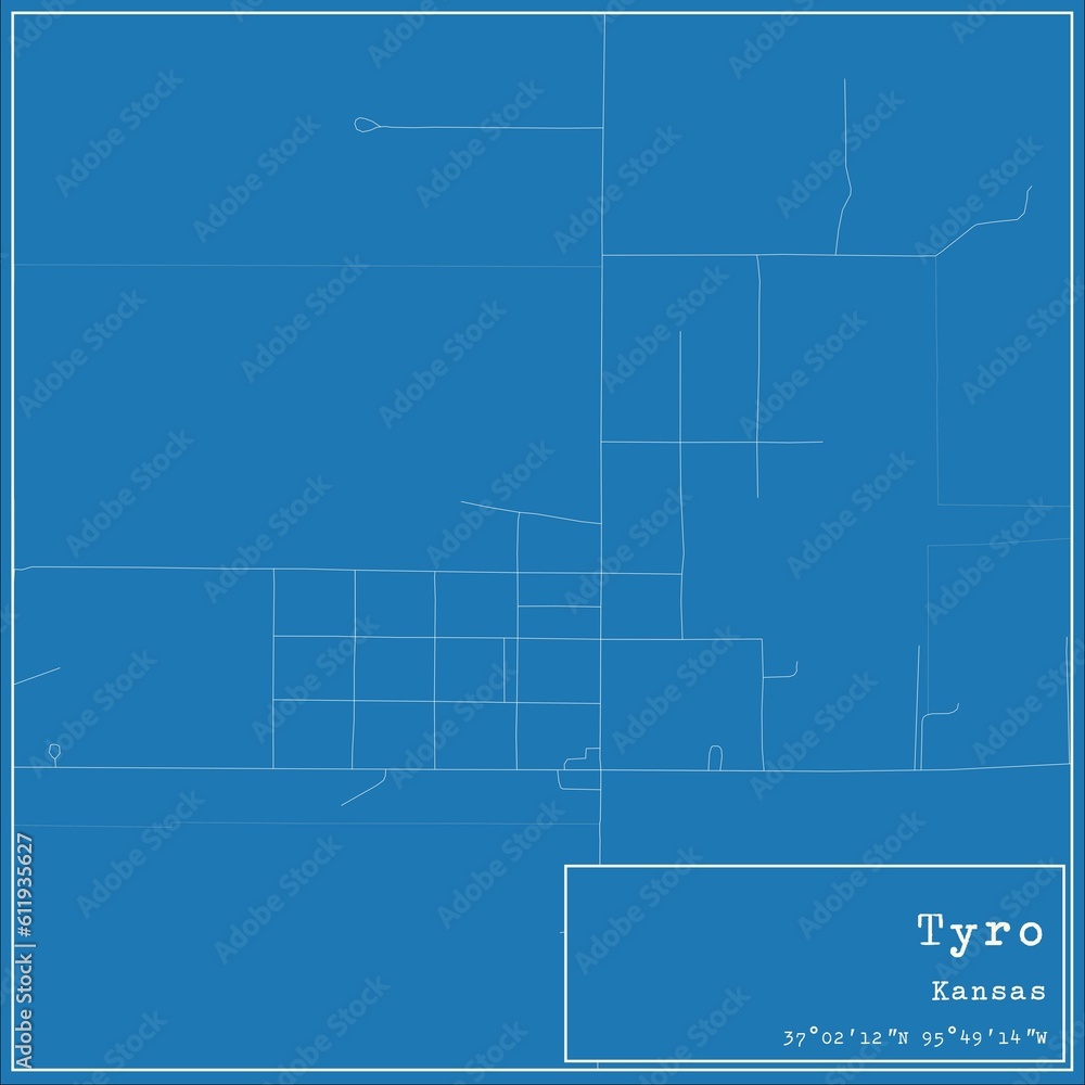 Blueprint US city map of Tyro, Kansas.