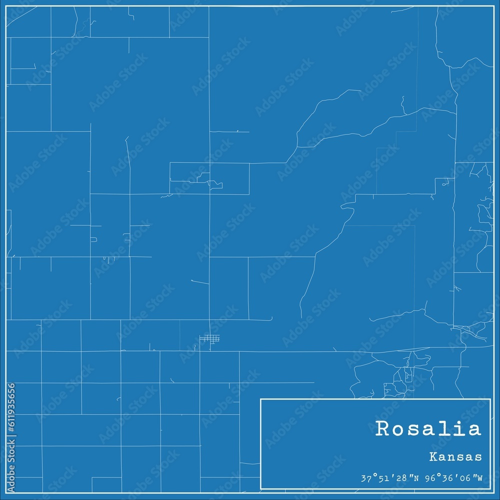 Blueprint US city map of Rosalia, Kansas.