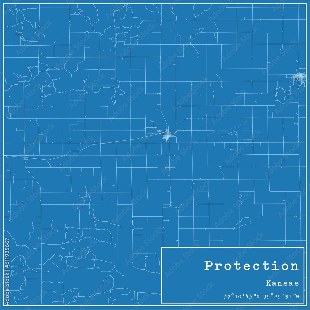 Blueprint US city map of Protection, Kansas.