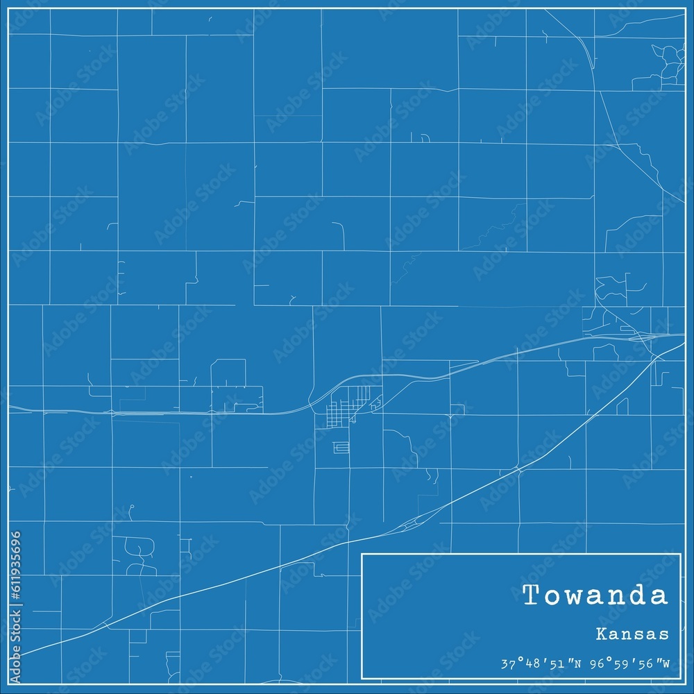 Blueprint US city map of Towanda, Kansas.