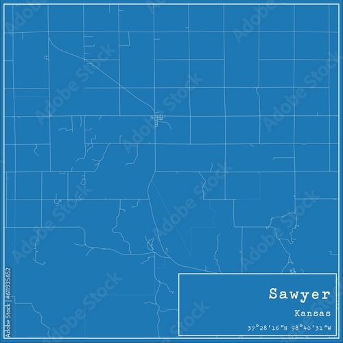 Blueprint US city map of Sawyer, Kansas. photo