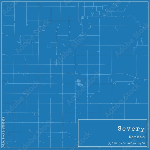 Blueprint US city map of Severy, Kansas.