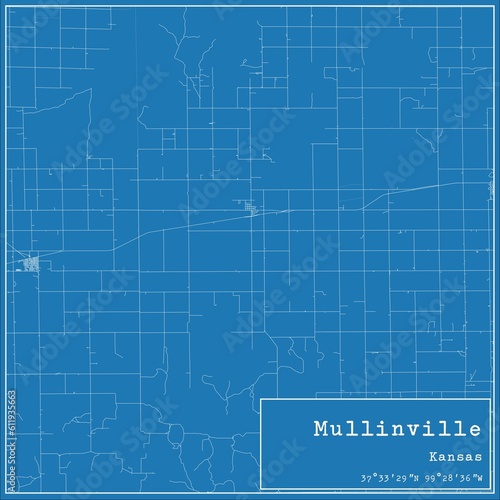 Blueprint US city map of Mullinville  Kansas.