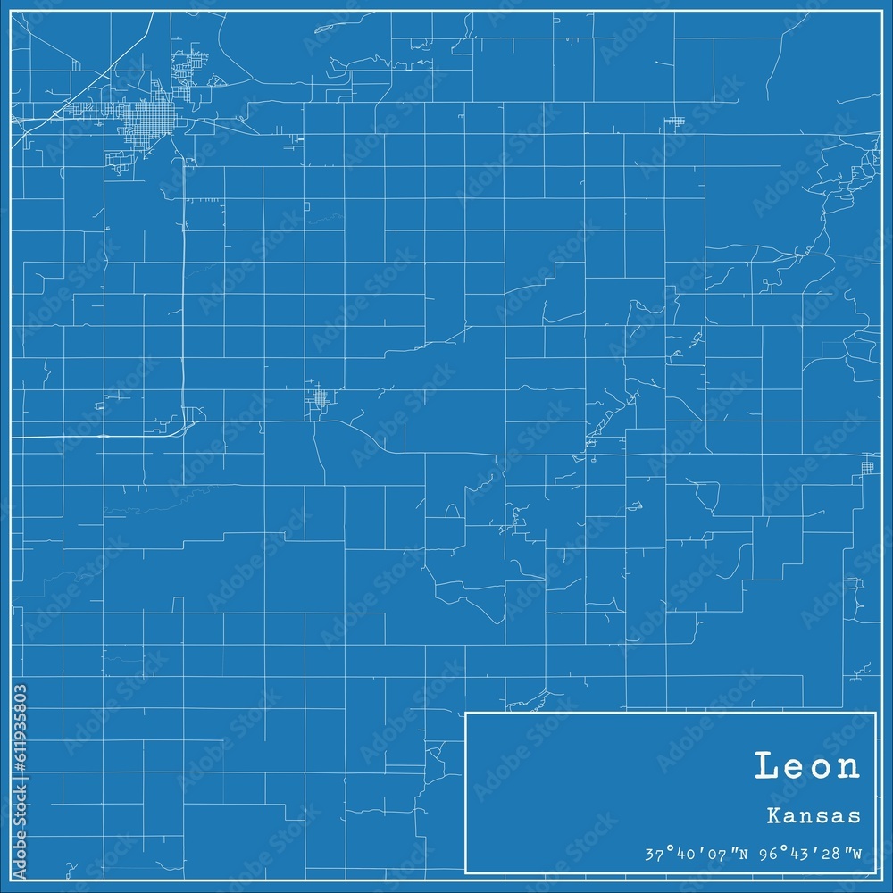 Blueprint US city map of Leon, Kansas.