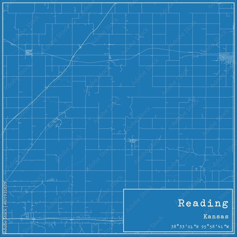 Blueprint US city map of Reading, Kansas.